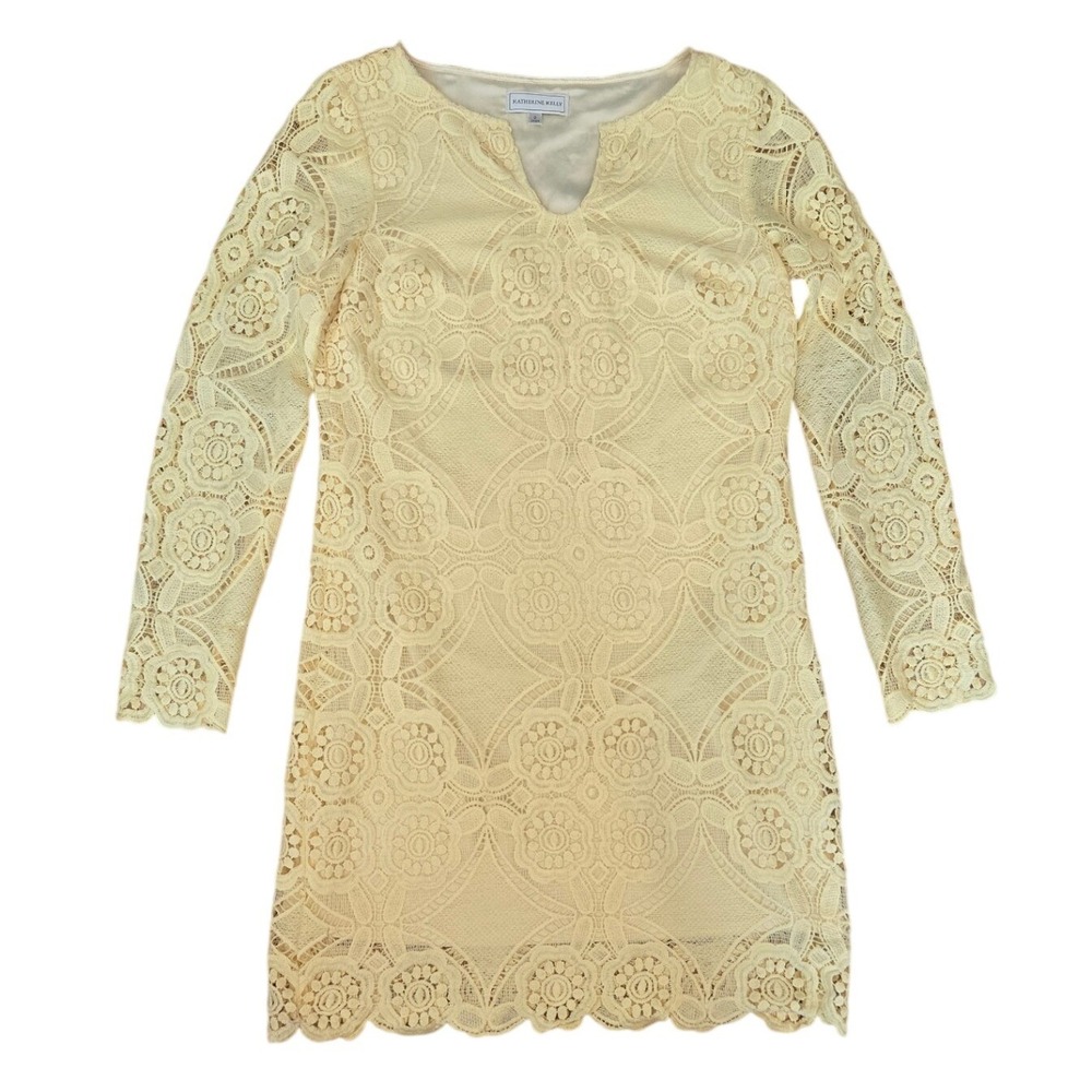 Katherine Kelly Yellow Lace Crochet Shift Dress Long Sleeve Sz 2 Cocktail Preppy - Picture 6 of 6